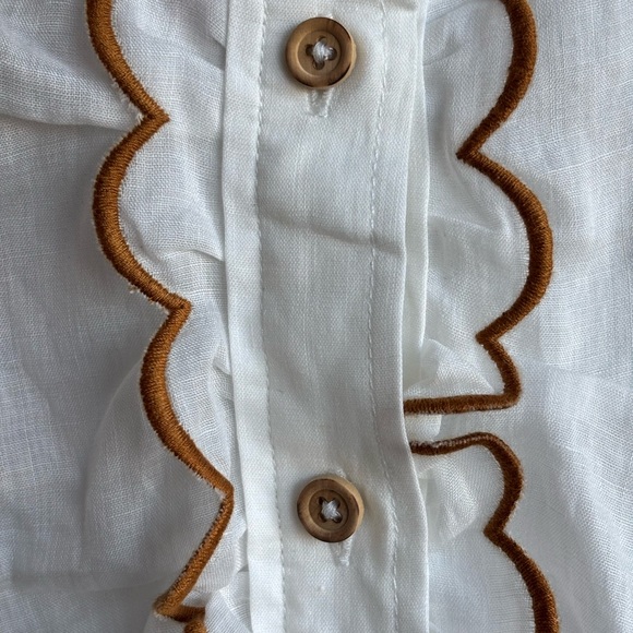 Zimmermann White Blouse Ruffle and Brown Embroidered Trim, Size 0 XS - Picture 5 of 11